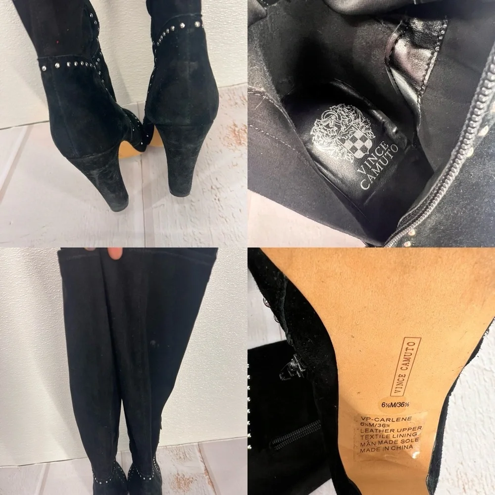 VINCE CAMUTO Carlene Black Embellished Leather‎ Suede Over The Knee Boots 6 1/2M